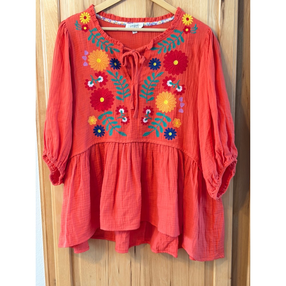 Umgee USA Coral Orange Embroidered Boho Peasant Babydoll Top 1XL WK7053